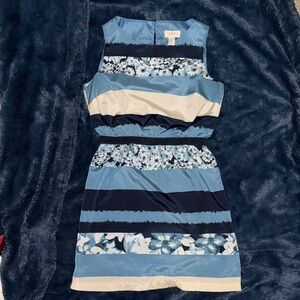 LOFT Petite Navy and Cream Floral Striped Dress